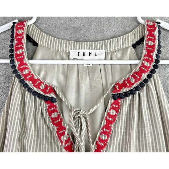 THML XS Sleeveless Embroidery Tassels Sun Dress Trim Grey Stripe Boho Festival - Picture 9 of 10